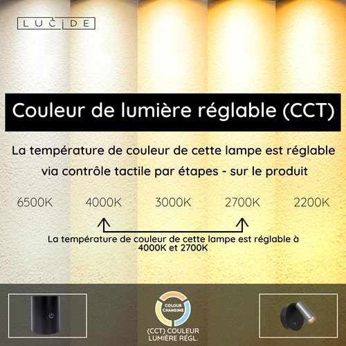 Lucide TONI - Spot mural / Applique mural Rechargeable - Batterie/Piles - Ø 8,1 cm - LED Dim. - CCT - 1x2W 2700K/4000K - Détecteur De Mouvement (désactivable) - Magnétique - Fer gris - USP